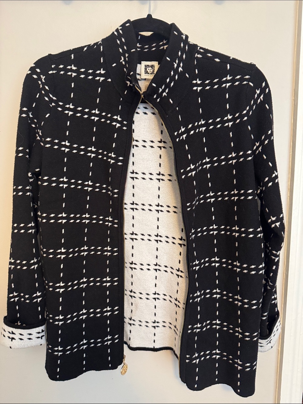 Anne Klein Black and White Windowpane Zip Jacket
